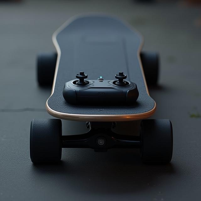 Skateboard électrique Volt avec sa télécommande posée dessus.